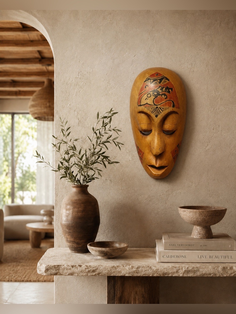 Handcrafted African Tribal Carved Wood Mask•  Wall Decor 7.5” • Animal Motif